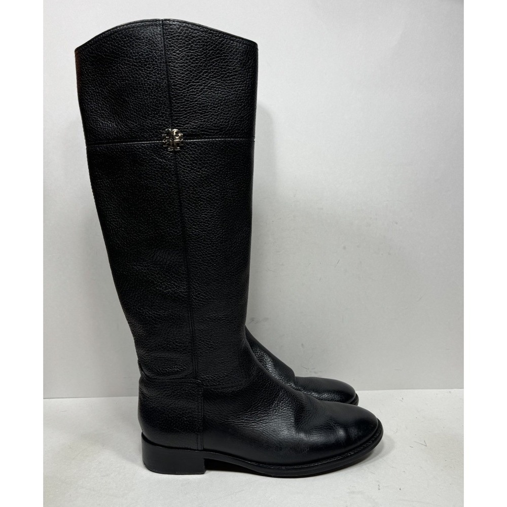 Tory Burch Jolie Tall Leather Riding Boot Womens Size 9 Black Pebbled Side Zip